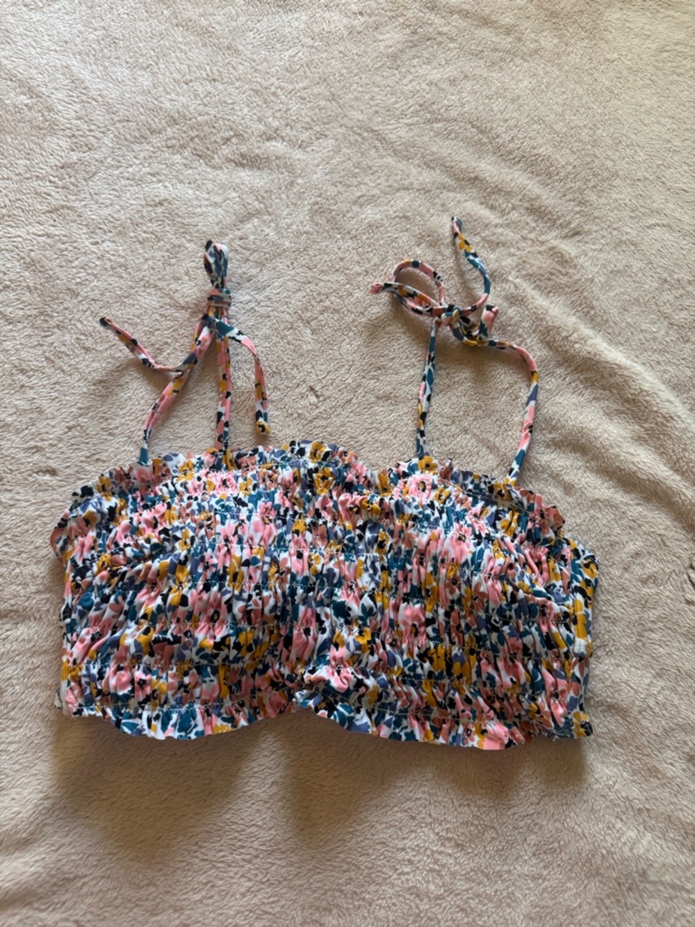 Floral Smocked Tie-Strap Crop Top bikini - Pink & Navy